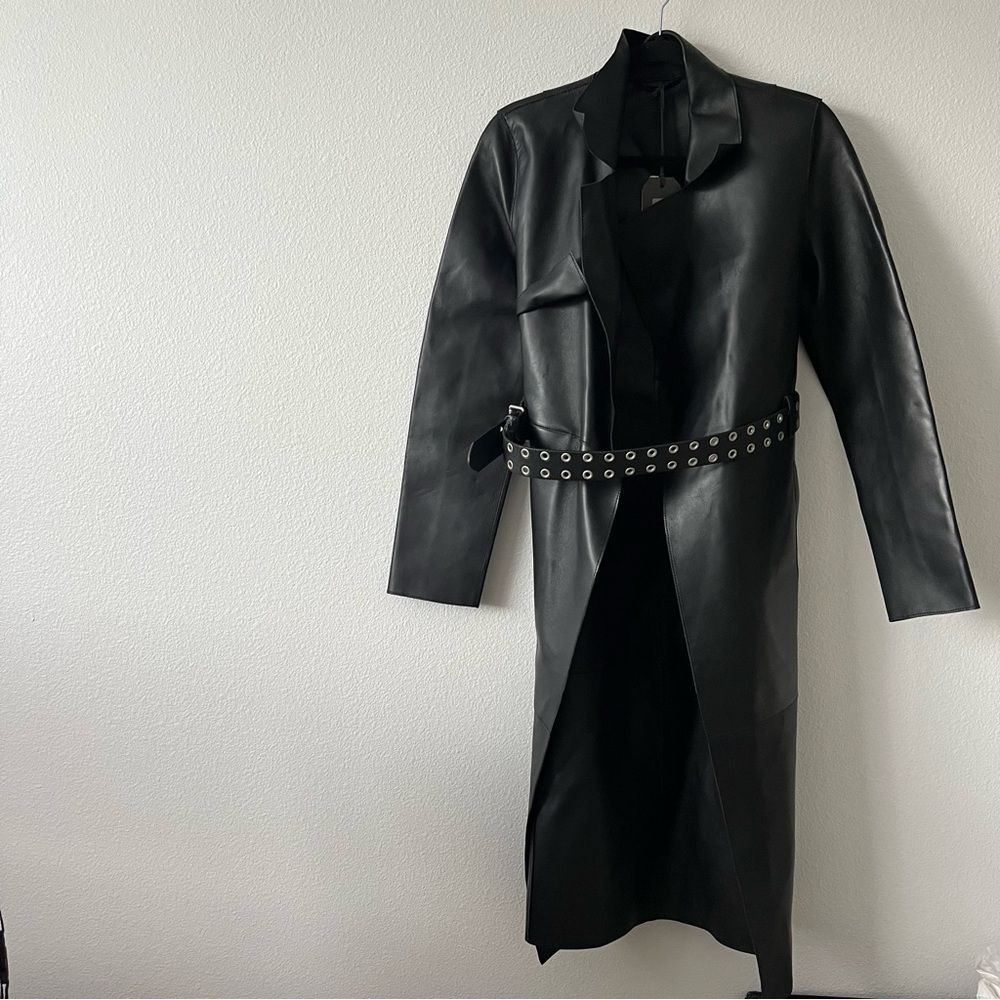 All Saints Farren Leather Belted Long Black Trench Coat Goth Grunge Moto 6 NEW - Picture 4 of 16
